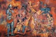 Pintura del Auto de Fe: frailes y soldados españoles junto a la hoguera donde arden imágenes sagradas mayas.