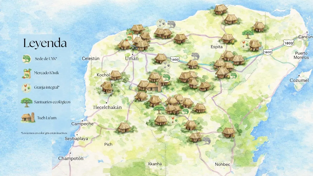 Mapa ilustrado de la península de Yucatán con los nodos de la red de U Yits Ka'an: sedes, mercados K'iwik, granjas integrales, santuarios ecológicos y Tuch Lu'um.